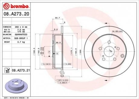 Тормозной диск BREMBO 08.A273.21 (фото 1)