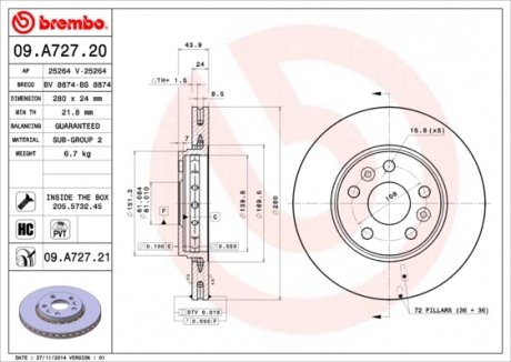 Тормозной диск BREMBO 09.A727.21