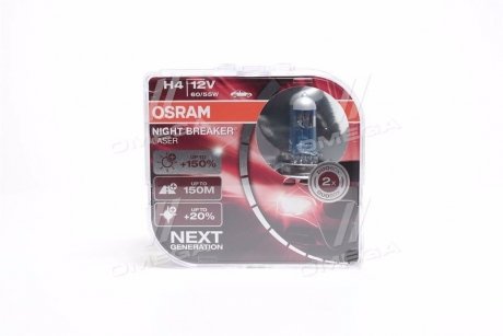 Лампа галогенна H4 12V 60/55W Night Breaker Laser +150% (2шт) OSRAM 64193NL-HCB