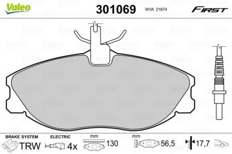 Тормозные колодки дисковые CITROEN/PEUGEOT Xsara/ZX/406/306 "1,9-3,0 "F "96-05 Valeo 301069