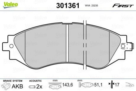 Тормозные колодки дисковые CHEVROLET/DAEWOO Epica/Lacetti/Nubira/Rezzo/Leganza "1,4-2,2 "F "97>> Valeo 301361