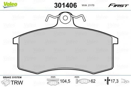 Тормозные колодки дисковые LADA Samara "1,1-1,5 "F "86-06 Valeo 301406 (фото 1)