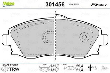 Гальмівні колодки дискові OPEL Combo/CorsaC/Meriva/Tigra "1,0-1,8 "F "00-10 Valeo 301456