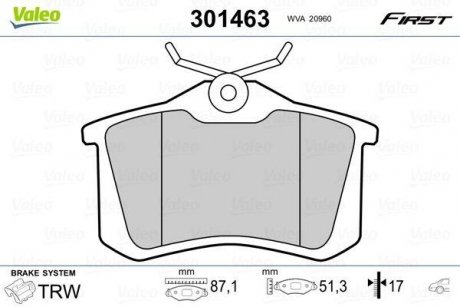 Гальмівні колодки дискові VAG/CITROEN/FIAT/FORD/PEUGEOT A1-8/Berlingo/308/Golf "1,0-6,0 "R "88>> Valeo 301463