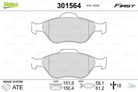 Тормозные колодки дисковые FORD/MAZDA Fiesta/Fusion/Ka/Puma/Street/121/2 "1,25-1,8 "F "95-12 Valeo 301564