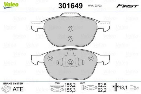 Тормозные колодки дисковые FORD/MAZDA/VOLVO Focus/Kuga/3/5/C30/C70/S40/V40/V50 "1,0-2,5 "F "03>> Valeo 301649