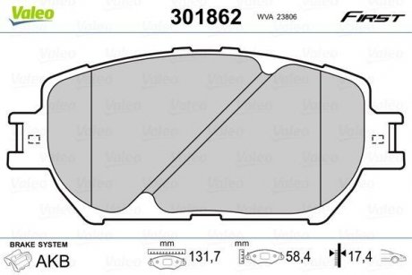 Тормозные колодки дисковые TOYOTA Camry "2,4-3,0 "F "01-06 Valeo 301862