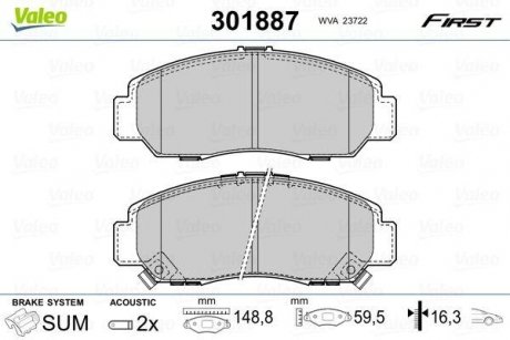 Тормозные колодки дисковые HONDA Civic/FR-V/Stream "1,7-2,2 "F "01>> Valeo 301887