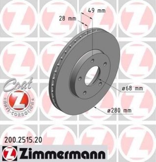 Передний вент. Nissan Primera, Maxima (A33), X-trail (280x28) Coat Z ZIMMERMANN 200.2515.20