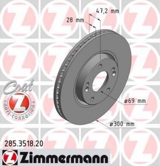 Передний вент. Hyundai Sonata NF, Tucson, iX35, Kia Sportage 2010- (300x28) ZIMMERMANN 285.3518.20