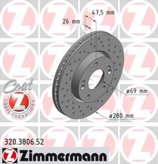 Передний вент. Kia Ceed, Magentis, Sportage. i30, Hyundai Tucson (280x26) ZIMMERMANN 320.3806.52